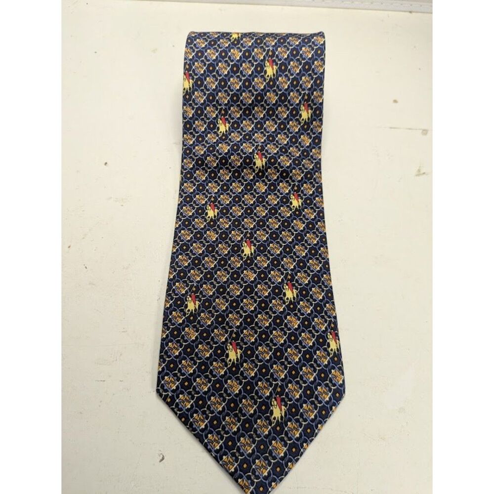 Crocodile Men's Silk Blue Geometric Equestrian Polo Player Tie Neckwear